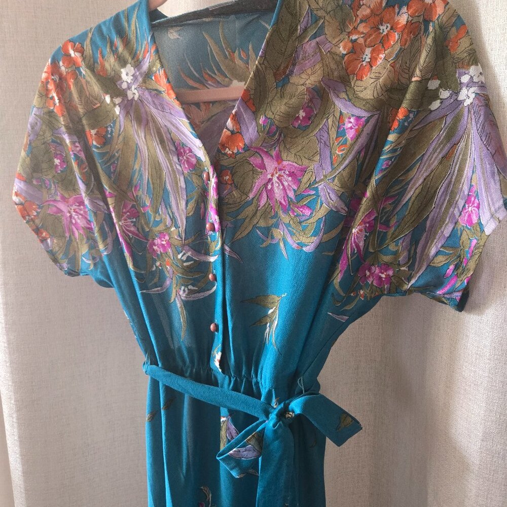 🌿 Vintage Chiffon Botanical Print Dress – Short & Sheer Delight